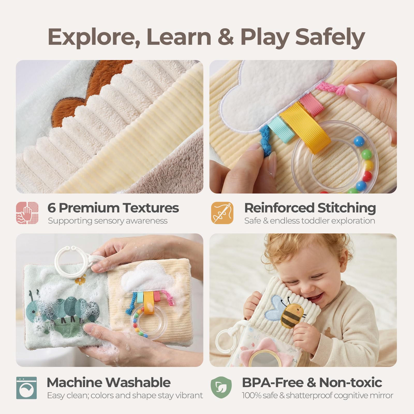 let's make Soft Baby Book, Sensory Crinkle Cloth Books for Babies 0-6 6-12 Months, Animal Tummy