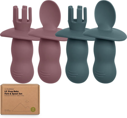 KeaBabies 4-Pack Silicone Baby Spoons and Forks Set - Baby Led Weaning Utensils 6-12 Months, Self Feeding Toddler Spoon & Fork for Training, Teething, Easy to Hold, BPA-Free Silicone (Rocky)
