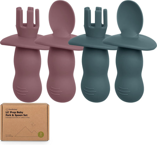 KeaBabies 4-Pack Silicone Baby Spoons and Forks Set - Baby Led Weaning Utensils 6-12 Months, Self Feeding Toddler Spoon & Fork for Training, Teething, Easy to Hold, BPA-Free Silicone (Rocky)