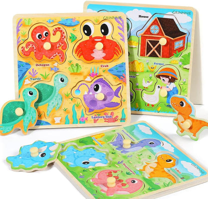 GRINNNIE Wooden Toddler Puzzles, 1 2 3 Years Old Learning Montessori Peg Puzzle Toy Set for Toddlers, 4 Pcs Educational Portable Size Travel Knob Puzzle Toys, Gift for 1-3 Boy Girl Birthday Christmas