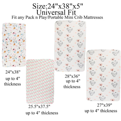 Pack n Play Sheet Stretchy Fitted Portable Mini Crib Sheets Set 3 Pack,Playard Sheets Convertible Playard Mattress Cover,Ultra Soft Jersey Material,Flamingo Elephant & Lion