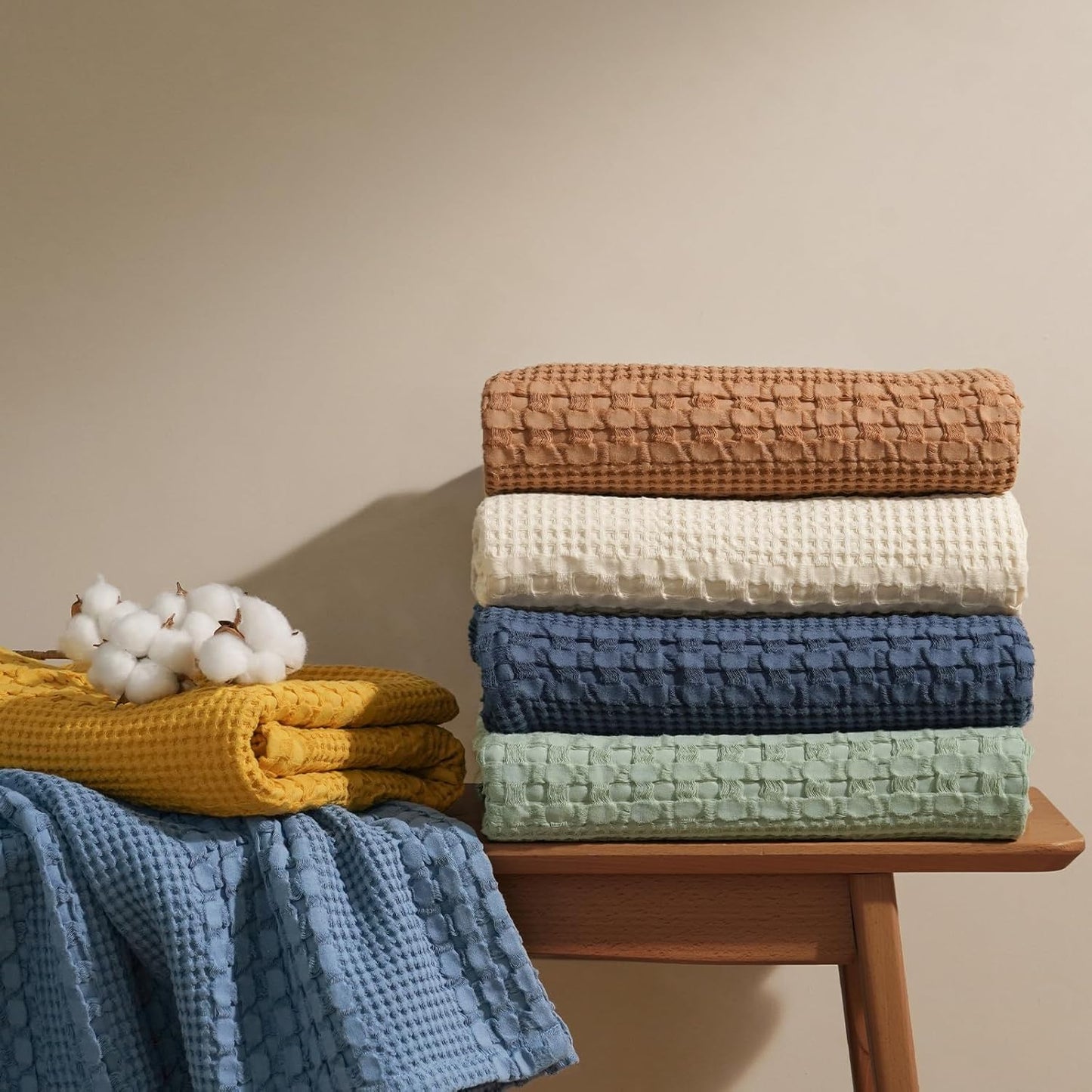 PHF 100% Cotton Waffle Weave Blanket Queen Size, Soft Lightweight Breathable Cozy Summer Blankets for Bed, Luxury Aesthetic Woven Bedding for Home Decor, 90"x90", Sage Green