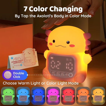 Axolotl Alarm Clock with Night Light for Kids, Rechargeable Silicone Lamp Time to Wake Clock，Cute Animal Tabletop Lamp, Perfect Sleep Companion for Boys Girls