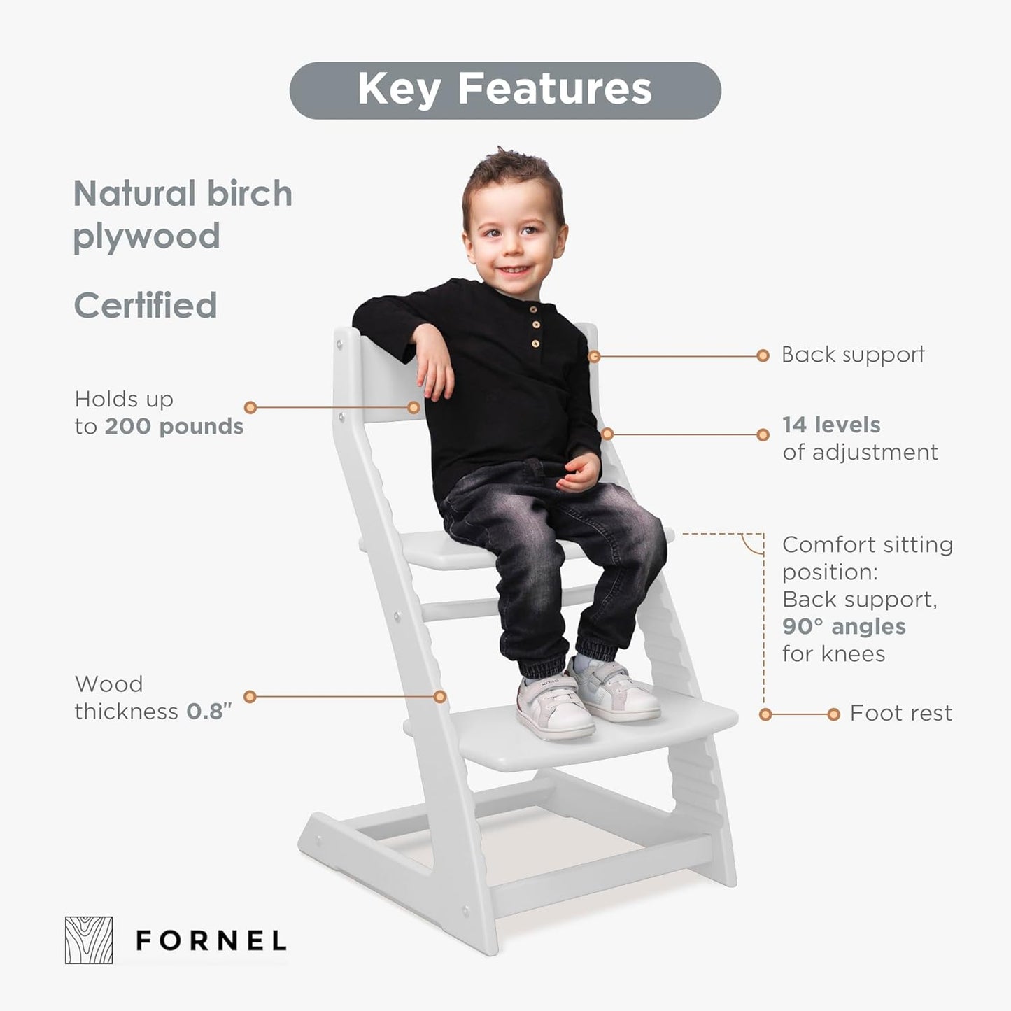FORNEL Modern White Wooden High Chair | The Forever Chair That Grows from Toddler to Adult (200 lb)