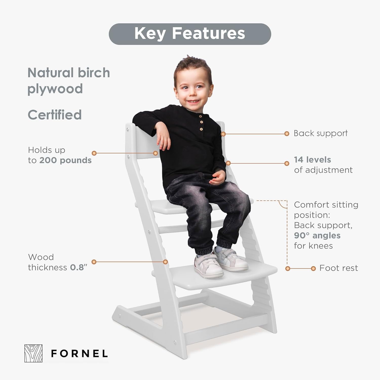 FORNEL Modern White Wooden High Chair | The Forever Chair That Grows from Toddler to Adult (200 lb)