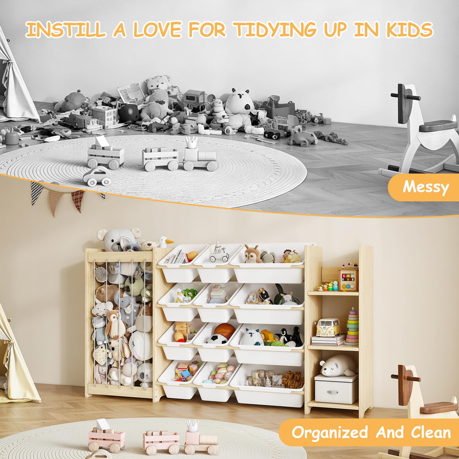 EXPERLAM 3-in-1 Toy Storage Organizer, Stuffed Animal Holder & 3-Tier Bookcase, Solid Wood Toy