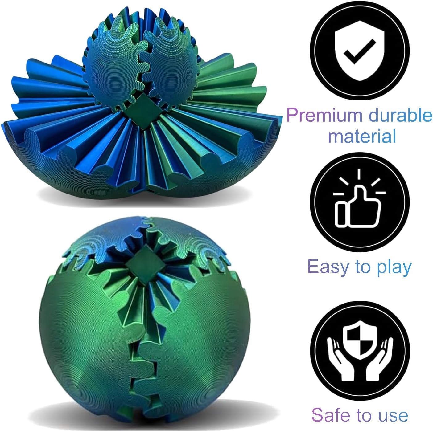 Gear Ball,Gear Sphere,3D Printed Gear Ball Gear Ball for Stress and Anxiety Relaxing Fidget Ball,3D Printed Work Fidget Toy,Activity Gear Ball for Adults & Kids (Green+Blue)