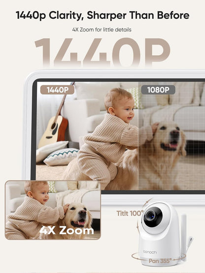 bonoch 5.5" 1440p Baby Monitor with Camera and Audio, No WiFi Baby Camera, 240h Lasting, Smart Detect Sleep Turn Over/Cry/Motion, 7800mAh, Hack Proof Video Monitor, Built-in Sound Machine White Noise