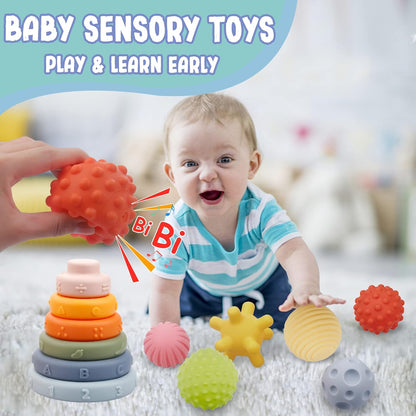 Montessori Toys for Babies 6-12 Months, Soft Baby Blocks Toys Set, 3 in 1 Infant Stacking Building