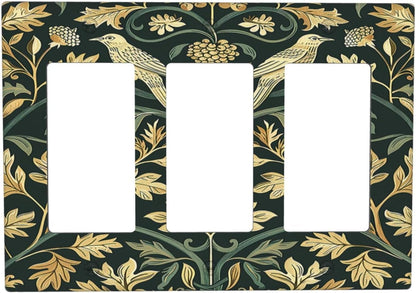 Light Switch Covers William Morris Vintage Botanical Birds Golden Green Leaves 3 Gang Rocker Electrical GFCI Decorative Triple Outlet Wall Plate Cover Switchplate for Bedroom Home Decor