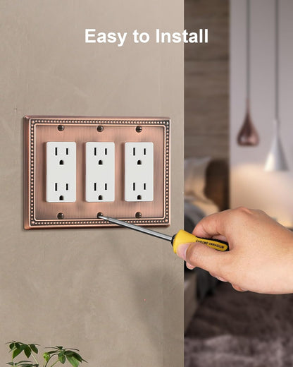 2-Pack Triple Decorator Outlet Cover Plate, Antique Copper Pearls Decorative Switch Plates and Outlet Covers, Metal Wall Plates for Electrical Outlets, Receptacle, GFCI Outlet, Dimmer Switch