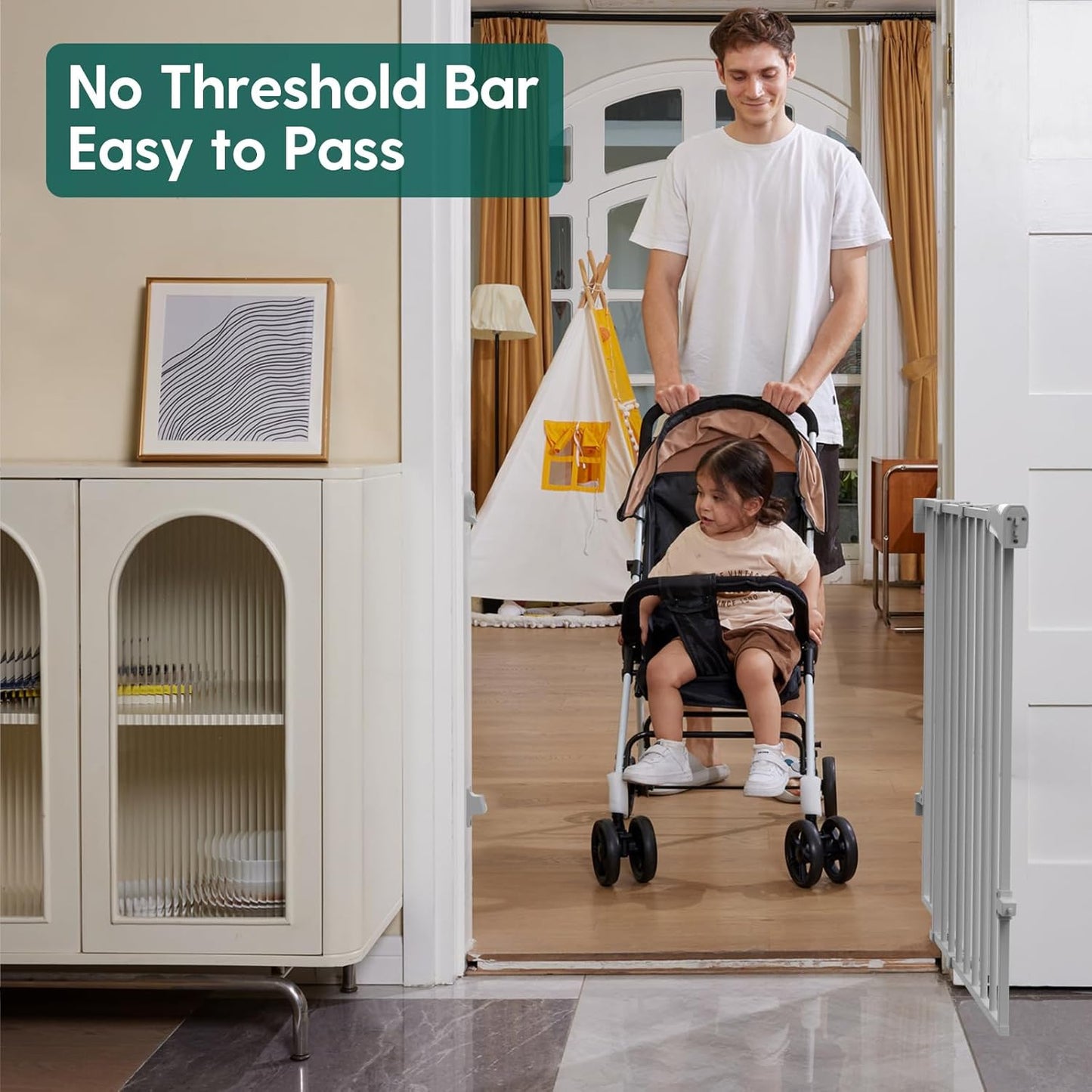 Babelio 26-43" No Bottom Bar Baby Gate for Babies, Elders and Pets, 2-in-1 Hardware Mount Dog Gate for The House, Stairs and Doorways, with Large Walk Thru Door, Grey