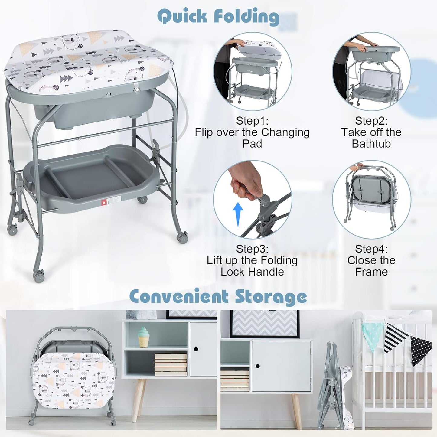 HONEY JOY Baby Changing Table with Bathtub, Foldable Infant Diaper Changing Station with Wheels