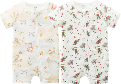 Unisex Summer Trendy 2-Pack Rompers Short Sleeve Zipped Bodysuit Infant Cotton Outfits