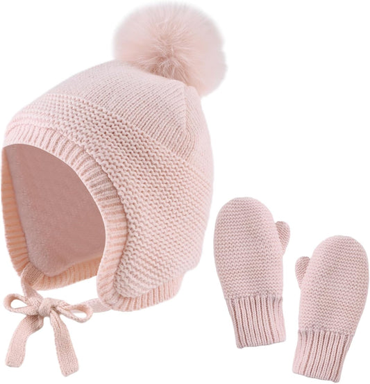 Basic Winter Baby Beanie Gloves Boys Girls Knitted Hat Pompom Kids Earflap Hats Warm Infant Toddler Beanie Mittens Set