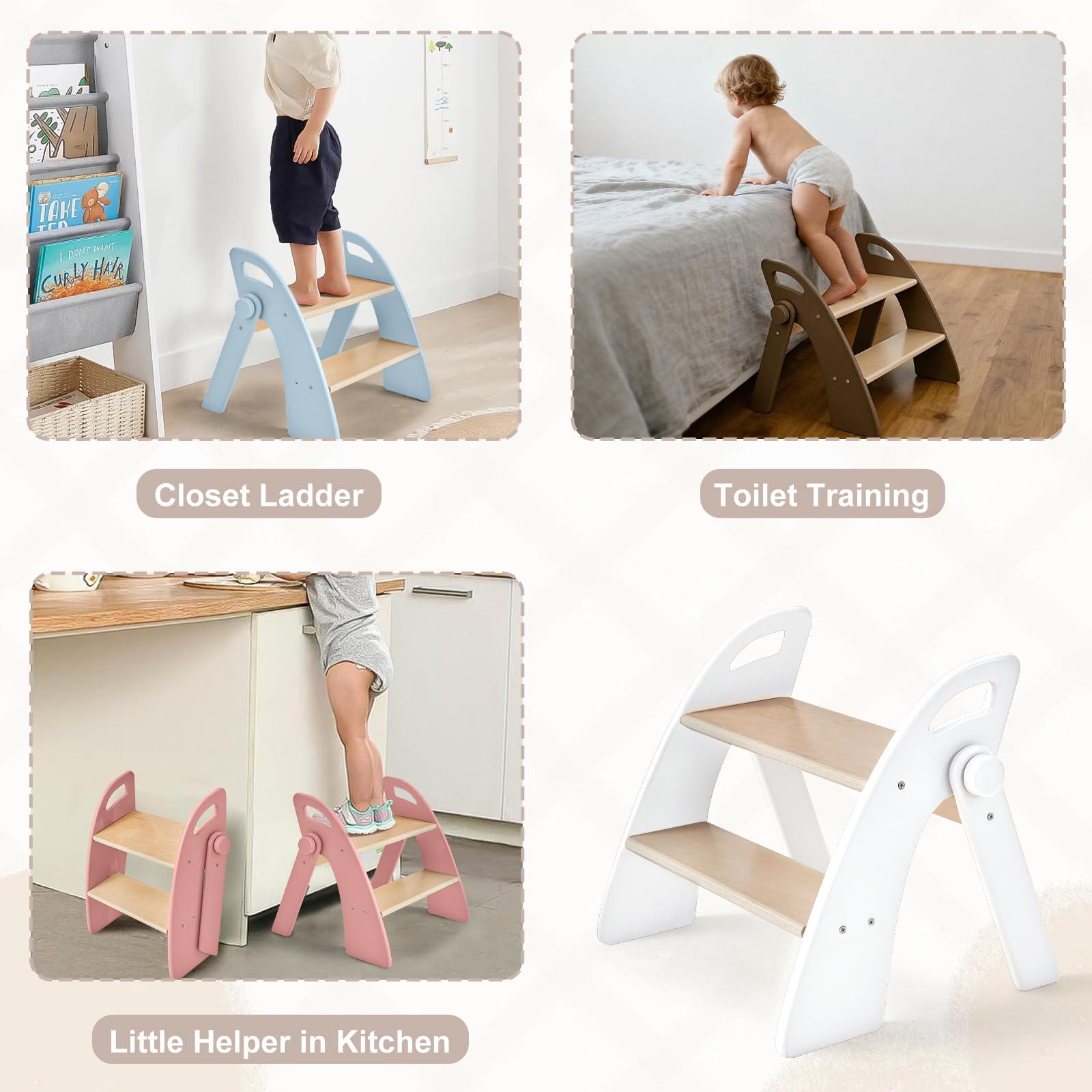 Wooden 2 Step Stool for Kids Bathroom Sink Foldable Anti-Slip 2-Step for Toilet Potty Training