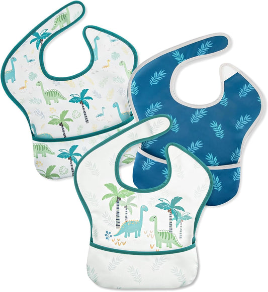 Mess Proof Baby Bib 3 Pack, Waterproof Led Weaning Baby Feeding Bibs with Food Catcher, Travel