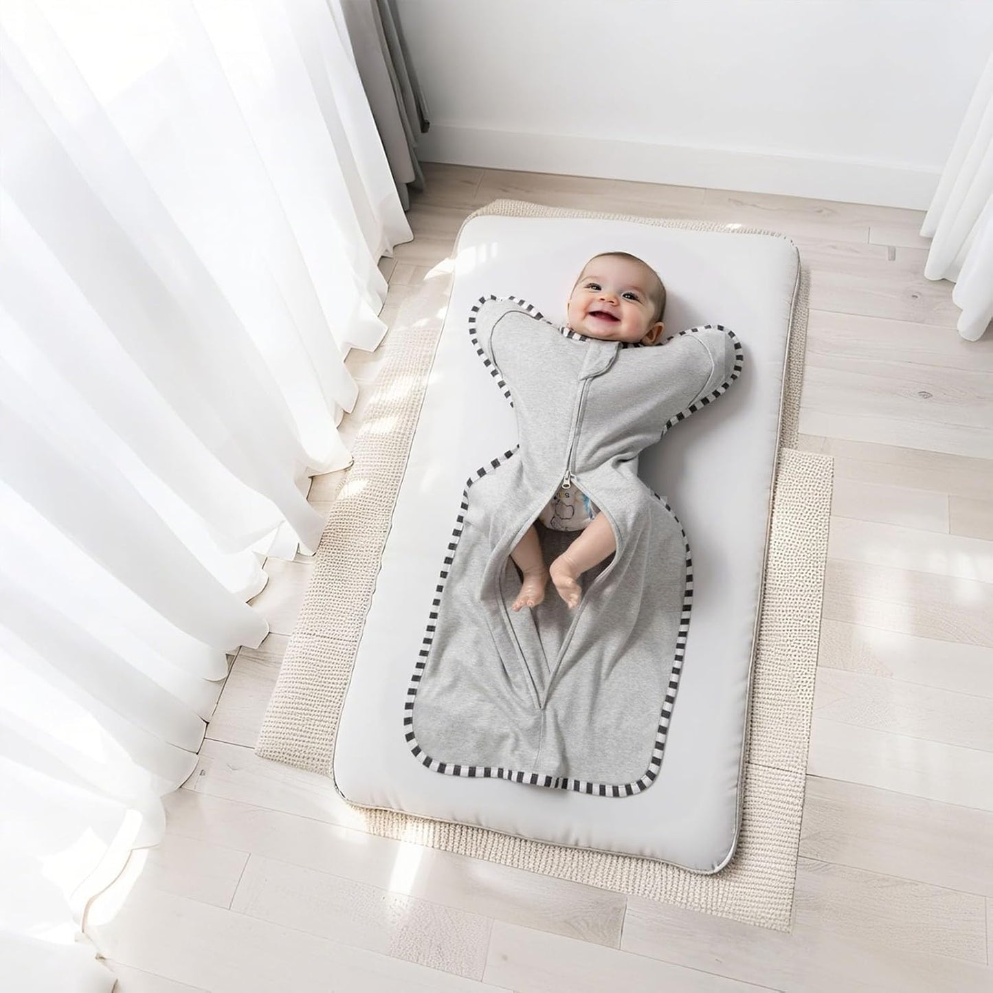 Transition Swaddle, 2 Pack 100% Cotton Baby Sleep Sack, 2-Way Zipper Infant Arm Up Swaddle for Newborn Baby Boys Girls (Light Green + Light Grey, M(3-6 Months))