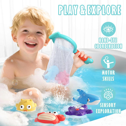 Mold Free Bath Toys for Toddlers 1-3, No Hole Ocean Animal Bathtub and Pool Toys with Mesh