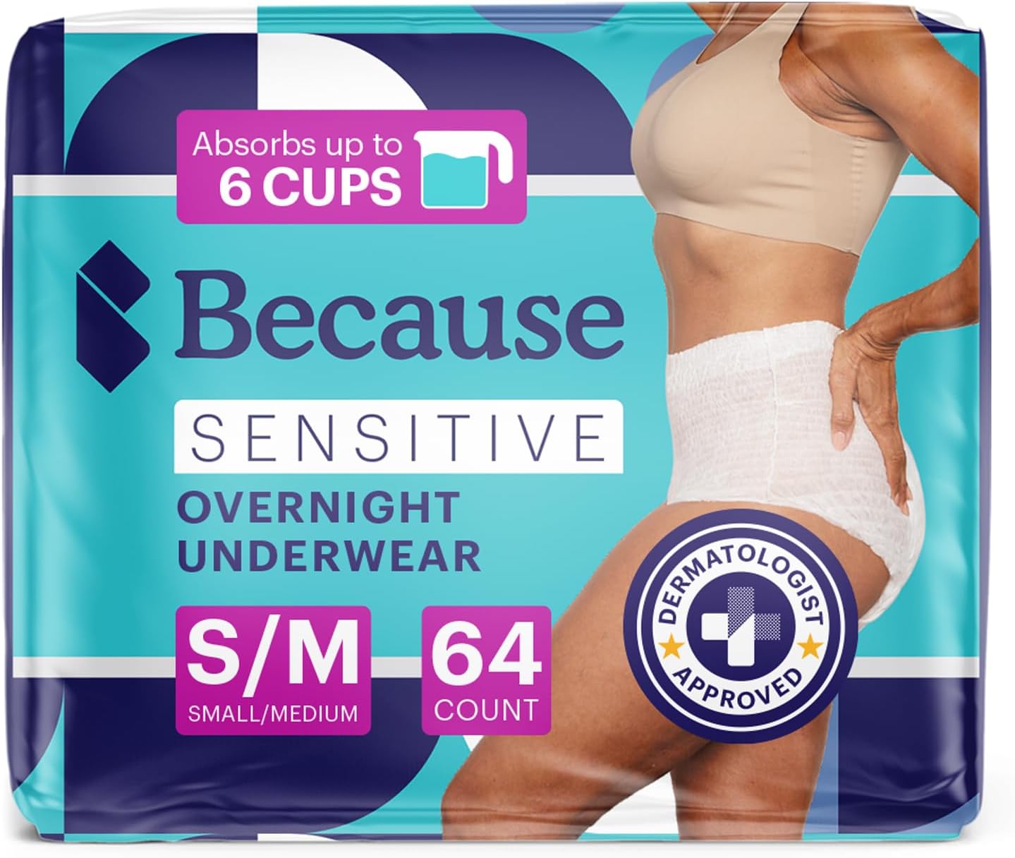 Because Adult Incontinence Underwear for Sensitive Skin - Women - Premium Overnight Disposable Briefs, Anti Odor - White, Small/Medium - Absorbs 6 Cups - 64 Count (4 Packs of 16)