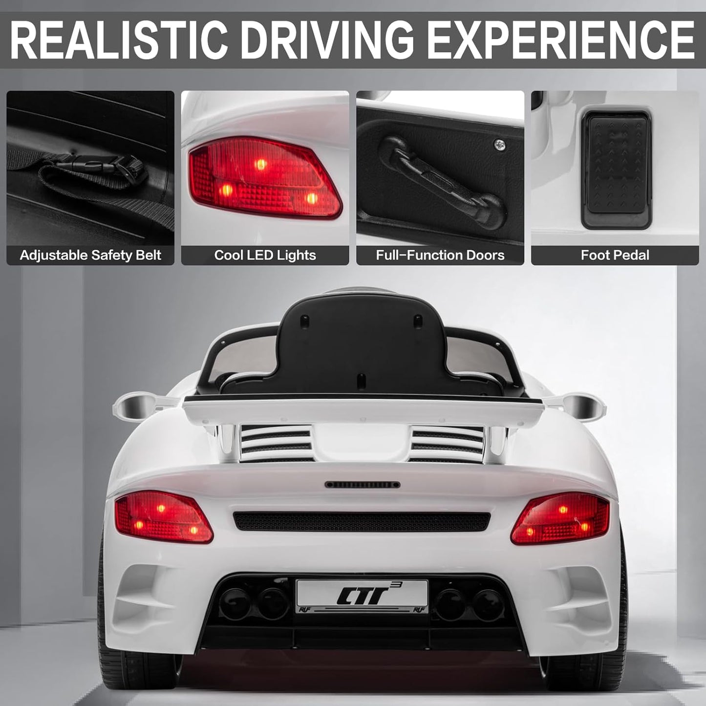 Licensed RUF CTR3 12V Kids Electric Car with Parent Remote Control, 2 Motors, 3 Speeds, LED Lights, MP3 Player | Battery Powered Ride-On Toy for Kids to Drive - White