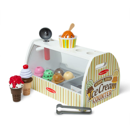 Melissa & Doug Wooden Scoop & Serve Ice Cream Counter, Pretend Play Store, 28 Toy Food & Play