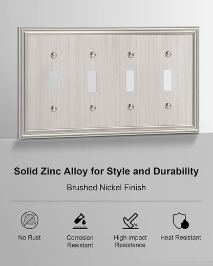 2-Pack Quad Toggle Light Switch Cover Plate, Durable Zinc Alloy Decorative Switch Plate Covers, Brushed Nickel 4 Gang Wall Plate for Toggle Light Switch and Rotary Dimmer Switch