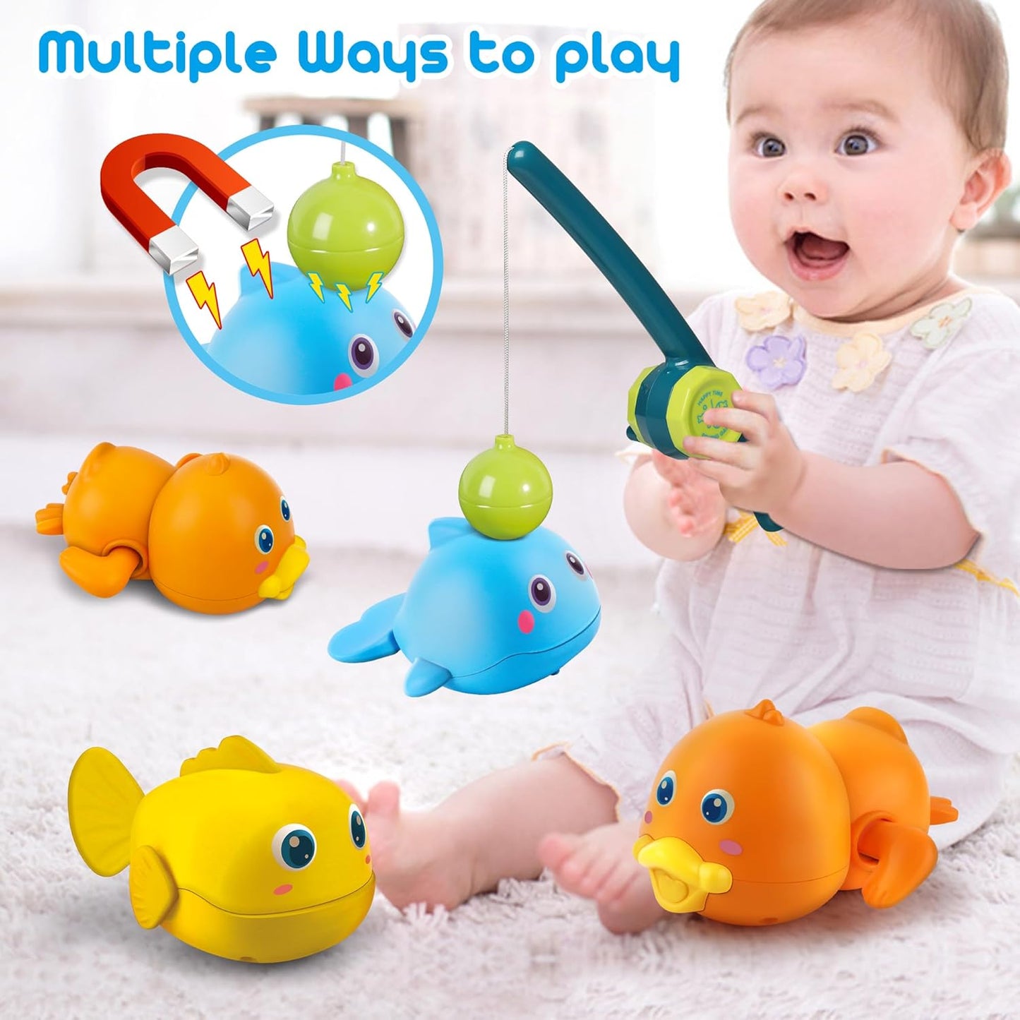 Dwi Dowellin Bath Toys for Toddlers, Magnetic Fishing Games Kids Bathtub Toys, Mold Free Wind-up