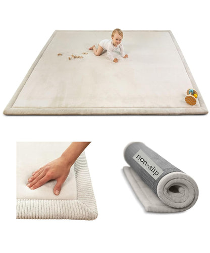 Premium Baby Play Mat 60”x80” Light Gray – Cloud-Soft Coral Velvet Memory Foam Rug for Crawling & Play – Non-Slip, Water-Repellent, Easy-Care Tummy Time Mat – Non-Toxic Padded Playmat