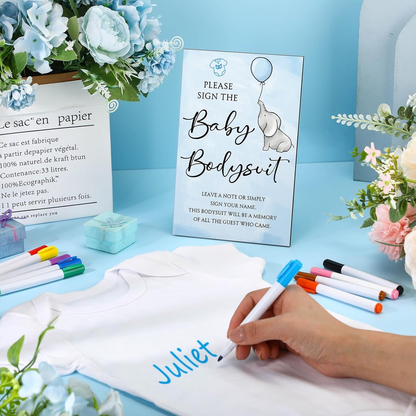 Qunclay 12 Pcs Baby Bodysuit Baby Shower Game Include 1 Game Wooden Sign Tabletop Decor 1 White Blank Newborn Bodysuit 10 Fabric Marker for Gender Reveal Party(Elephant)