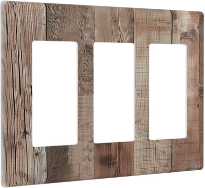 Decorative Outlet Covers Retro Wood Plank Vintaga Wooden Board 3 Gang Wall Plate Triple Rocker Light Switch Cover Plate Jumbo Electrical GFCI Faceplate for Bedroom Home Decor