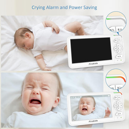 Baby Monitor, 5” Video Baby Monitor with Camera and Audio, 32-Hour Battery, Non WiFi, 2 Way Talk, Temp Sensor, Auto Night Vision, Pan Tilt Zoom Camera, Suitable for Monitor Baby and Elderly