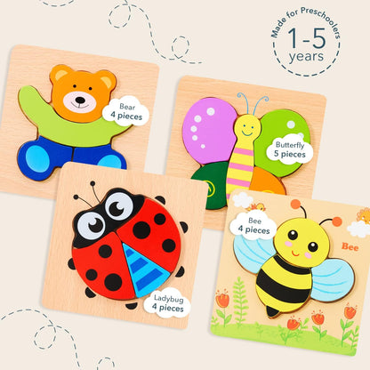 MAGIFIRE Toddler Wooden Puzzle Set - 4-Pack 5.7 x 5.7 Inch Multicolor Wood - Chunky Pieces for Small Hands & Portable Storage Bag - Toddler Puzzles Ages 3-5