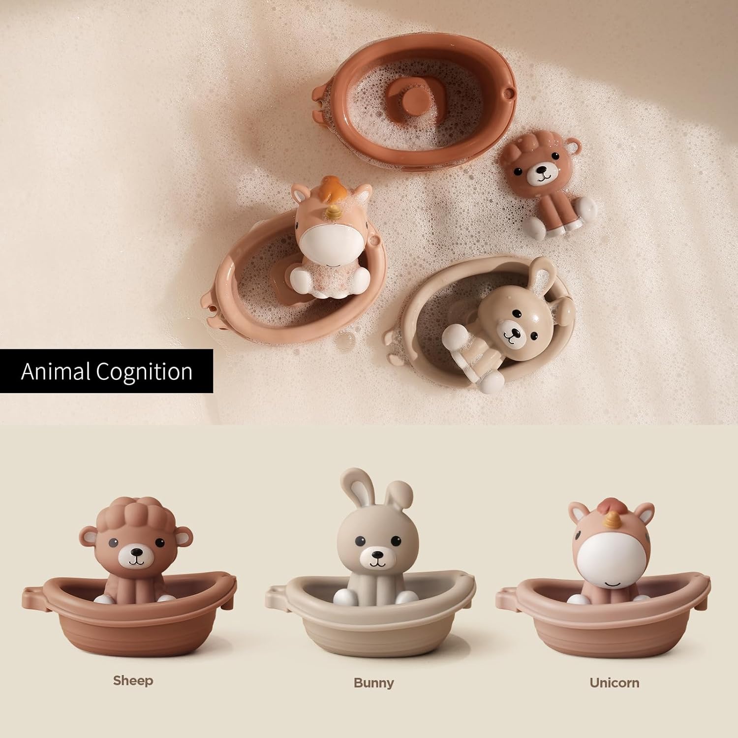 Nueplay Bathtub Toys for Toddlers 18M+，Baby Bath Toys with Animal Finger Puppets，Stackable Boat
