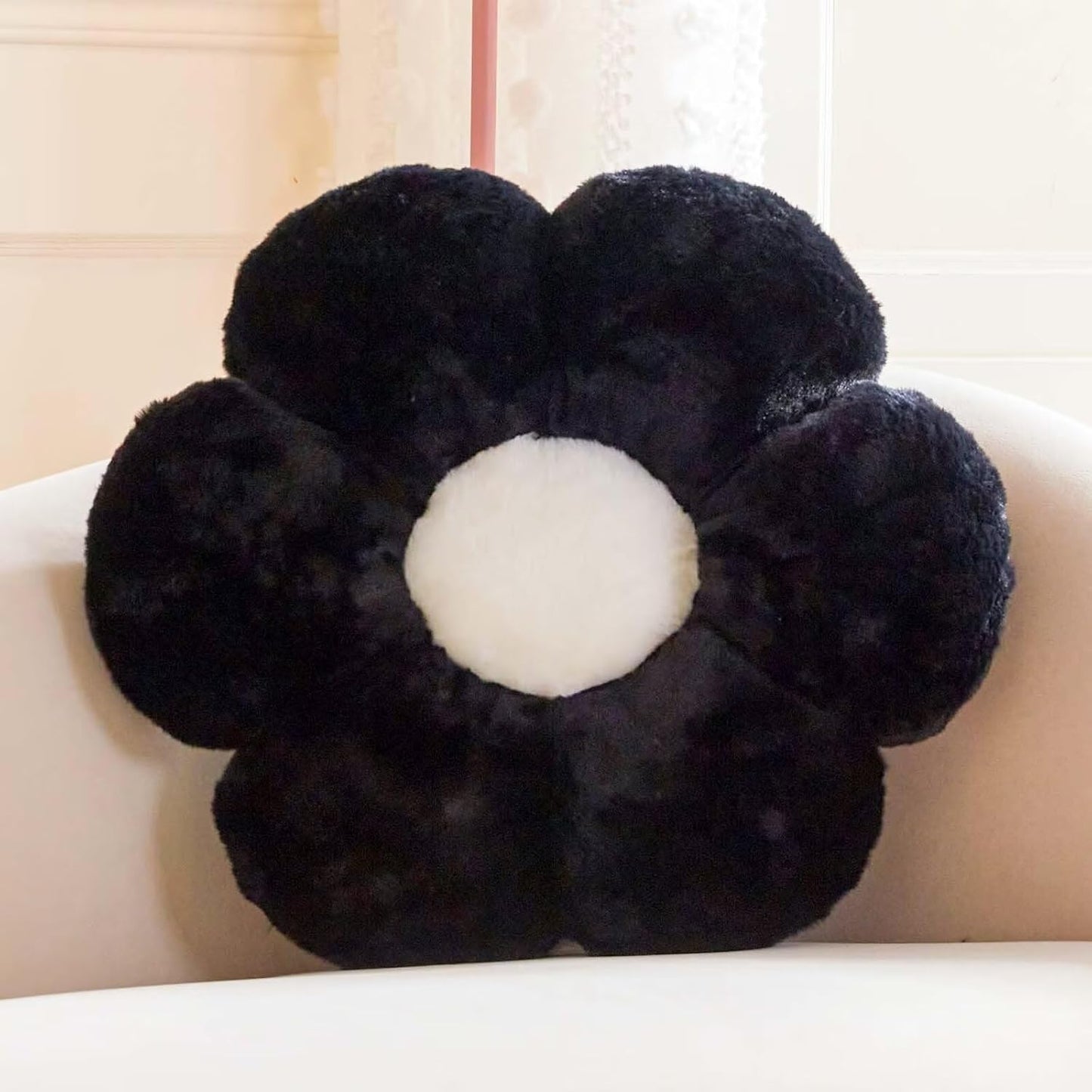 Black Flower Shaped Throw Pillow with Faux Rabbit Fur, 14.9" Soft Plush Throw Pillow for Bedroom & Living Room