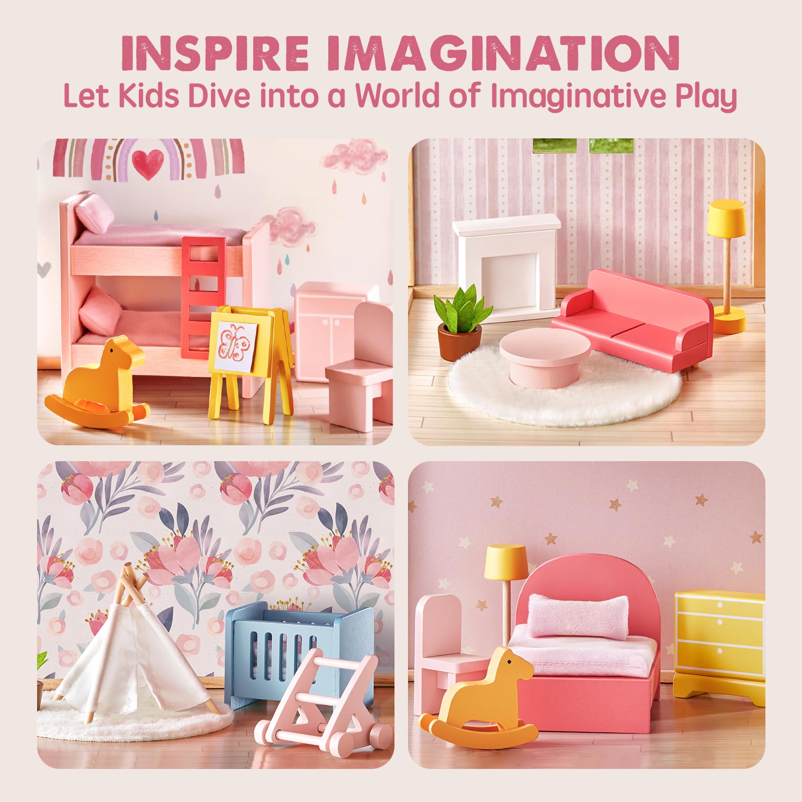 Tiny Land Wooden Dollhouse for Girls - 6 Rooms Wooden Doll House