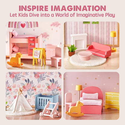 Tiny Land Wooden Dollhouse for Girls - 6 Rooms Wooden Doll House