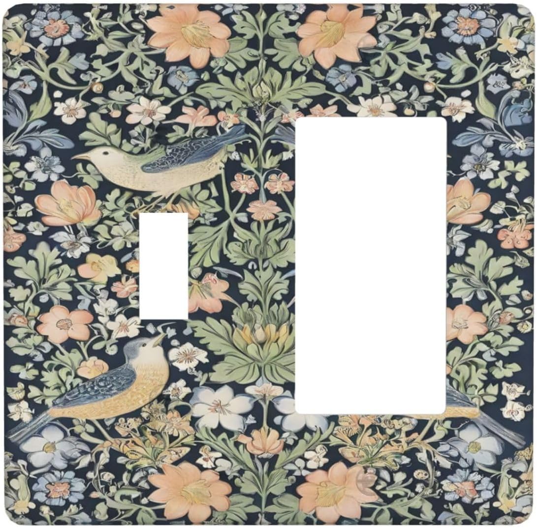 Decorative Outlet Covers Rustic Morris Birds Green Leaf Flower 2 Gang 1 Gang Wall Plate Cover Single Toggle Rocker Combo Light Switch Cover Plate Face Plate for Country Bedroom Decor