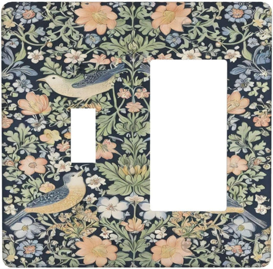 Decorative Outlet Covers Rustic Morris Birds Green Leaf Flower 2 Gang 1 Gang Wall Plate Cover Single Toggle Rocker Combo Light Switch Cover Plate Face Plate for Country Bedroom Decor