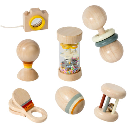 7 Pcs Wooden Baby Toys Set, Organic Rattles & Montessori Musical Toys