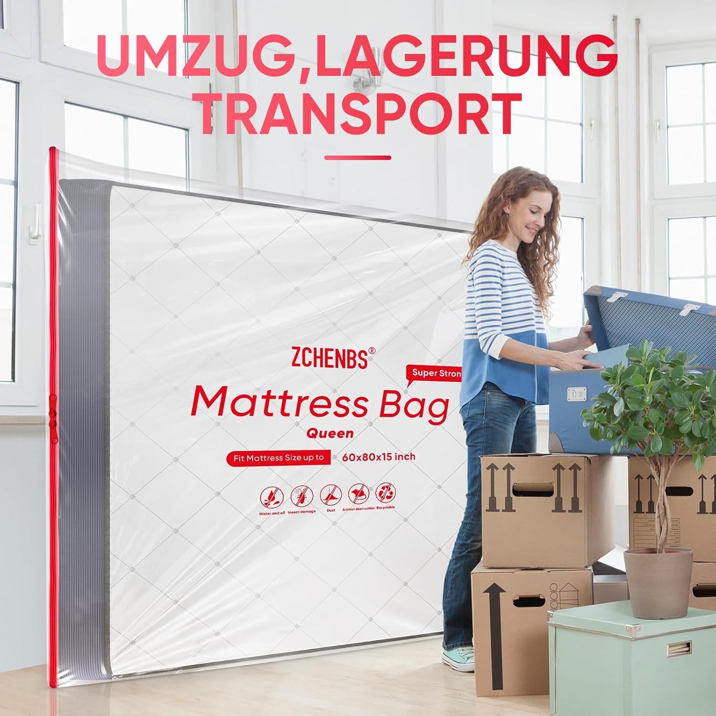 ZCHENBS® – Mattress Bags for Moving and Storage,Mattress Bag with Zippers,5 Mil Ultra-Thick Bed Bag,Waterproof,Anti-Tear,Heavy-Duty Mattress bag (Transaparent/Red, Queen-(2 Pack))