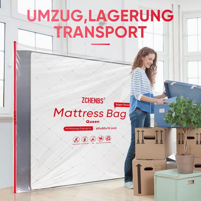 ZCHENBS® – Mattress Bags for Moving and Storage,Mattress Bag with Zippers,5 Mil Ultra-Thick Bed Bag,Waterproof,Anti-Tear,Heavy-Duty Mattress bag (Transaparent/Red, Queen-(2 Pack))