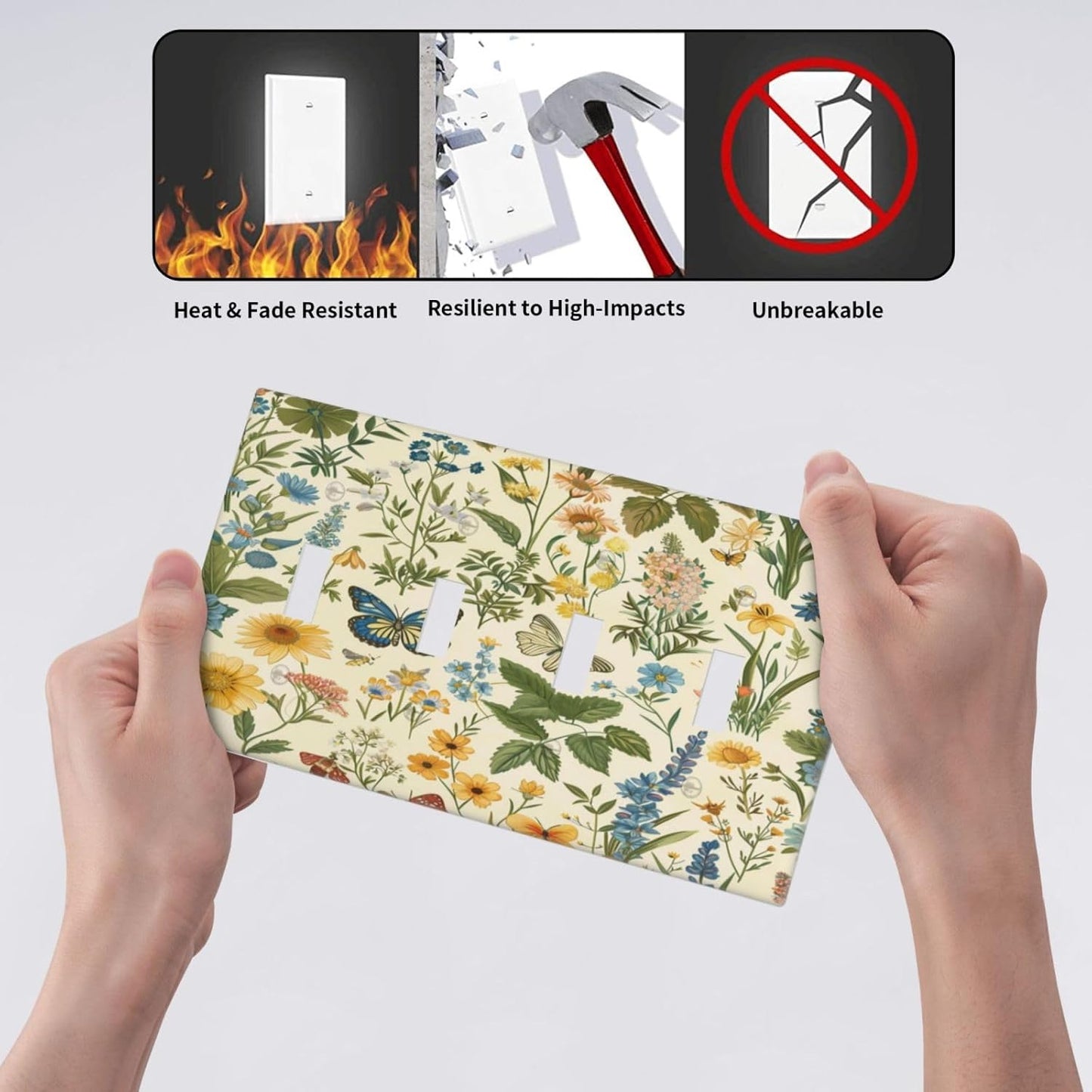 Decorative Switch Covers Plate Rustic Plant Garden Leaf Flower Butterfly 4 Gang Artistic Wall Plate Unique Quad Toggle Light Switch Plate Jumbo Faceplate for Bedroom Home Decor