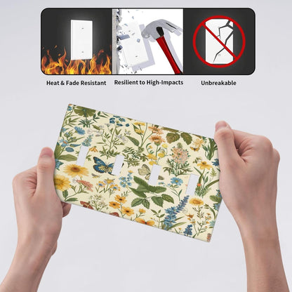 Decorative Switch Covers Plate Rustic Plant Garden Leaf Flower Butterfly 4 Gang Artistic Wall Plate Unique Quad Toggle Light Switch Plate Jumbo Faceplate for Bedroom Home Decor