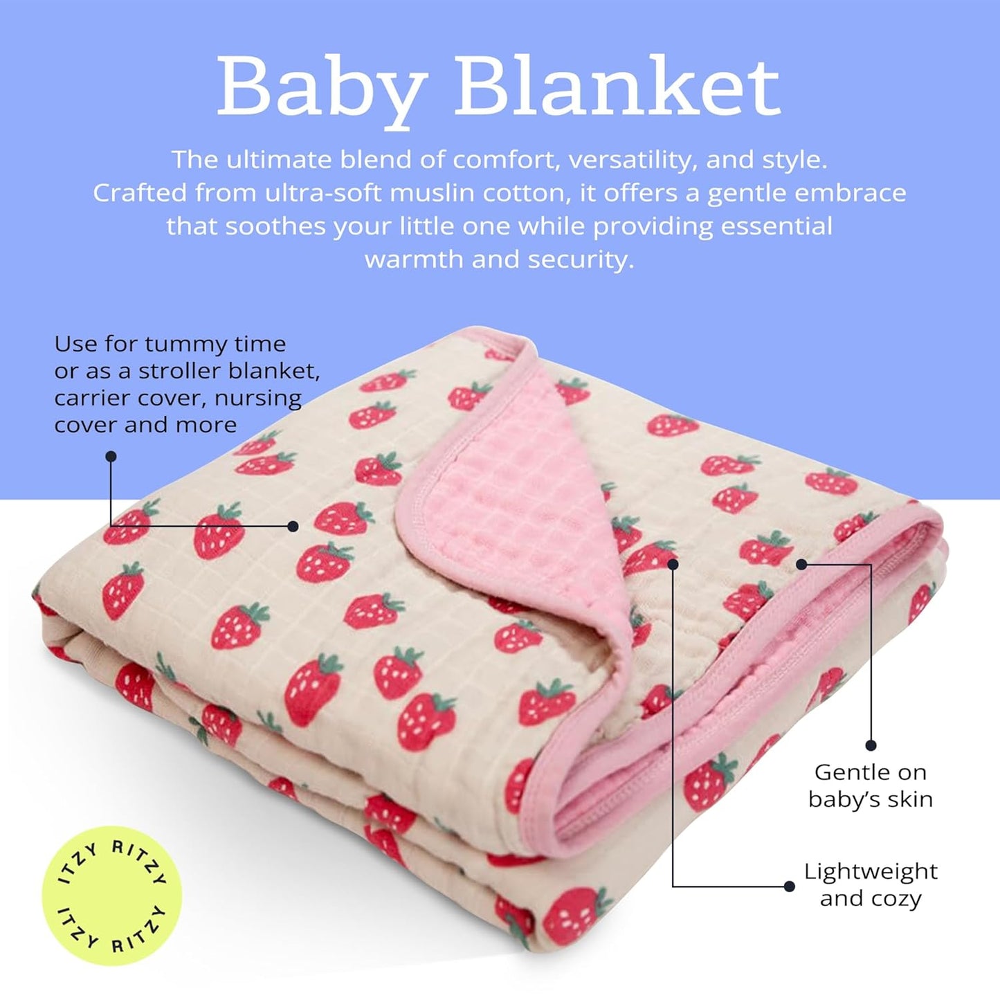 Itzy Ritzy Baby Blanket – Soft Cotton Muslin Multi-Use Blanket - Can Be Used as a Tummy Time Mat