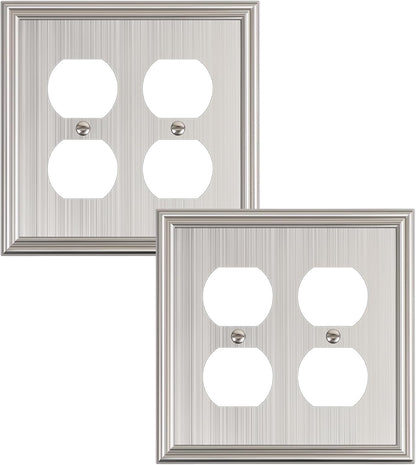 2-Pack Double Duplex Outlet Cover, Brushed Nickel Decorative Switch Plates and Outlet Covers for Electrical Outlets, Durable Zinc Alloy Wall Plates, 2 Gang Receptacle Cover