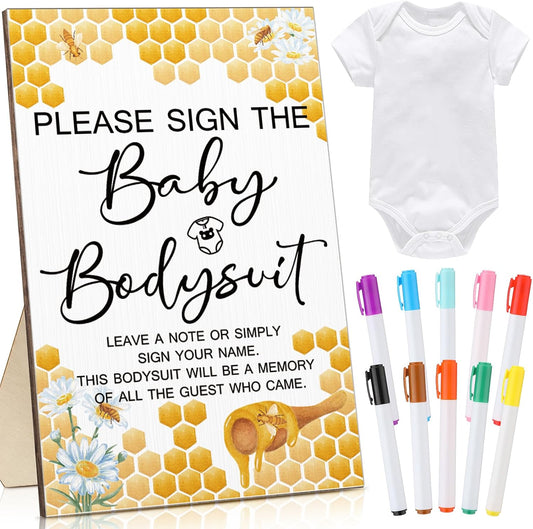 Qunclay 12 Pcs Baby Bodysuit Baby Shower Game Include 1 Game Wooden Sign Tabletop Decor 1 White Blank Newborn Bodysuit 10 Fabric Marker for Gender Reveal Party(Bee)