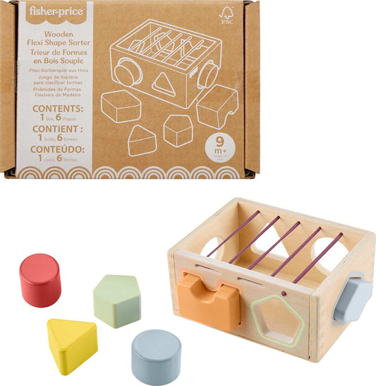 Fisher-Price Wood Baby Toy Flexi Shape Sorter, 7-Piece Wooden Activity with Elastic Bands for