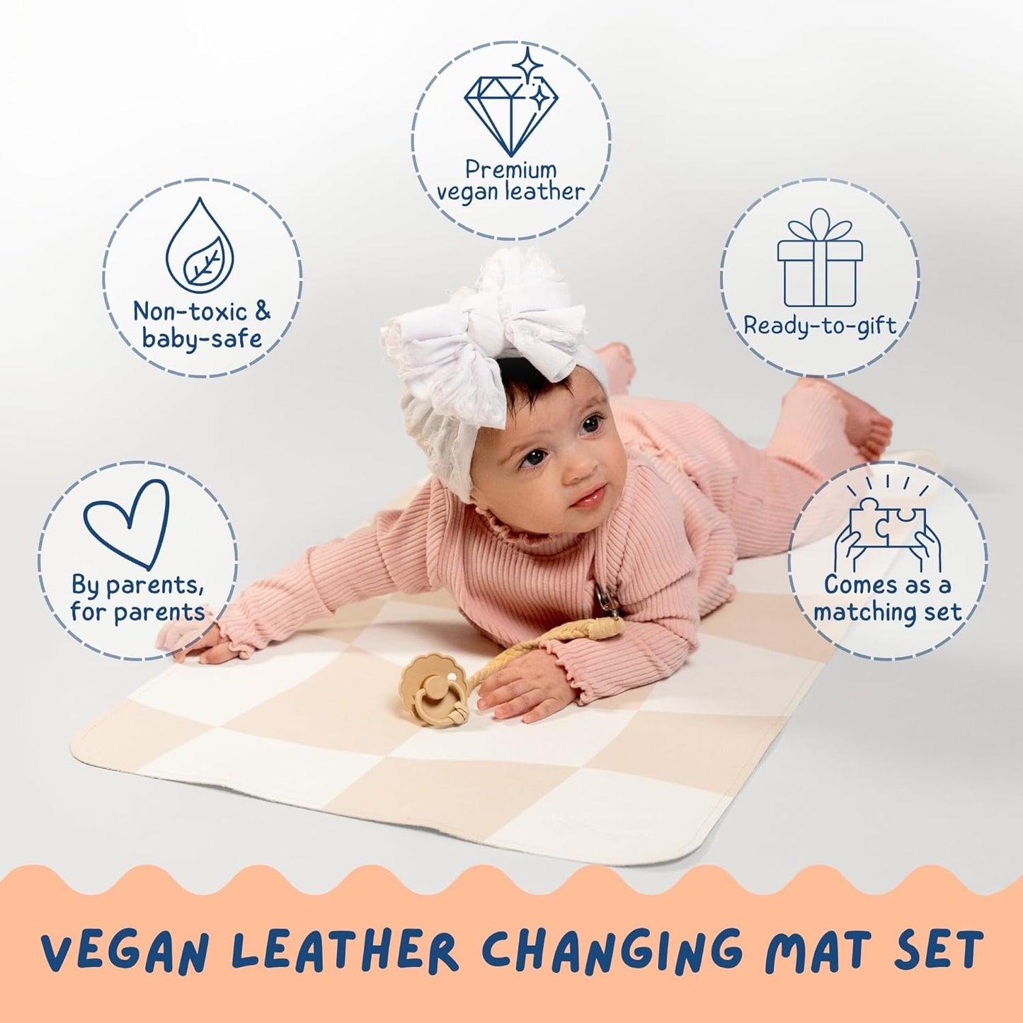 Leather Changing Mat with Reusable Waterproof Wet Bag, (16 x 30 Inches) Baby Changing Mat, Non-Toxic Changing Pad Portable Folds and Wipes Clean, Baby Changing Pad Travel (Checkered)