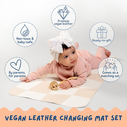 Leather Changing Mat with Reusable Waterproof Wet Bag, (16 x 30 Inches) Baby Changing Mat, Non-Toxic Changing Pad Portable Folds and Wipes Clean, Baby Changing Pad Travel (Smiley Face)